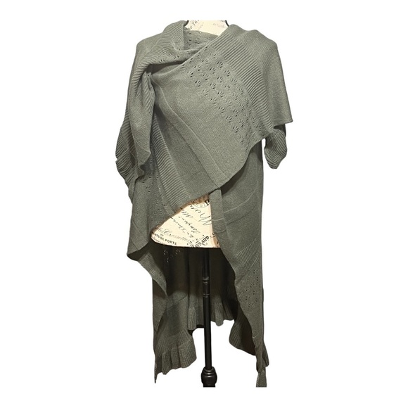 Tea Green Chunky Open Knit Ruffle Shawl Wrap Lagenlook Winter Layering Piece OS - Picture 12 of 15